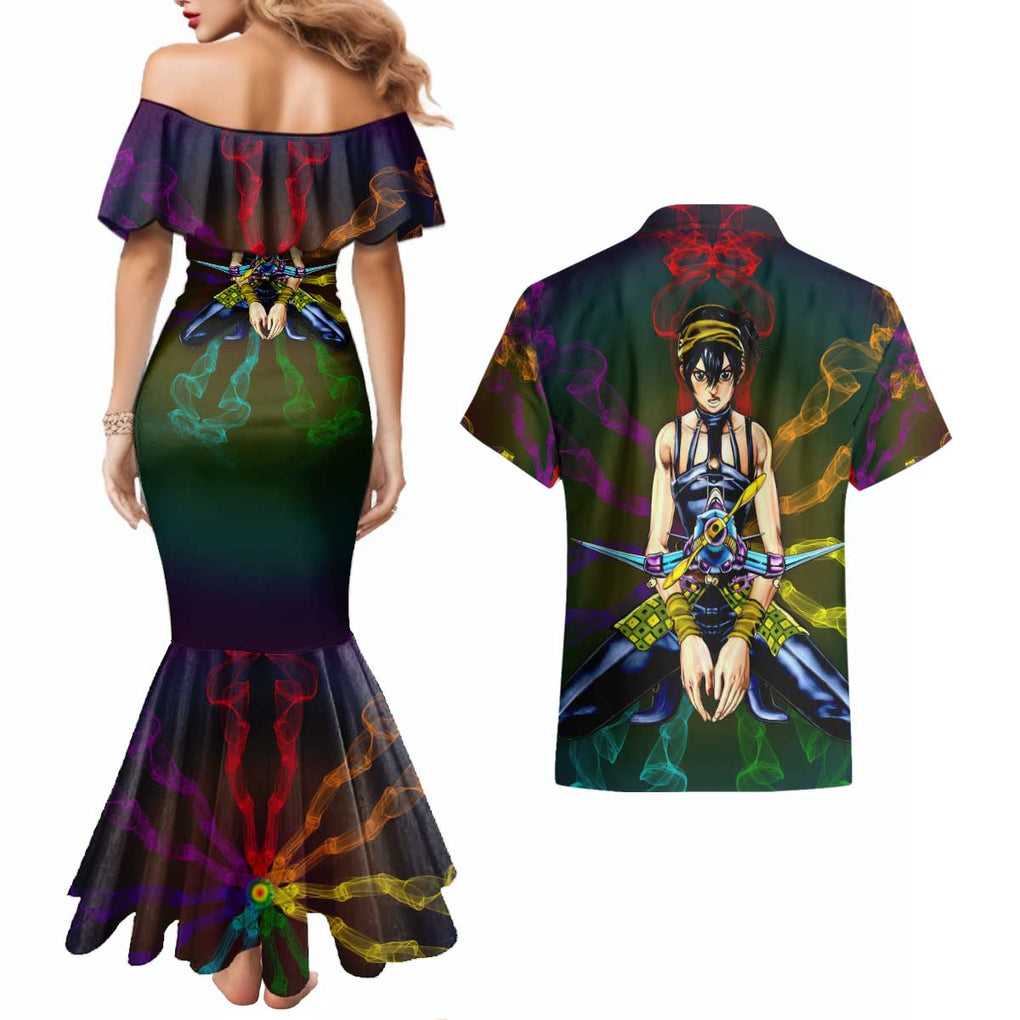 Trippy Narancia Lil Bomber Jojo’s Bizarre Adventure Couples Matching Mermaid Dress and Hawaiian Shirt Trippy Style