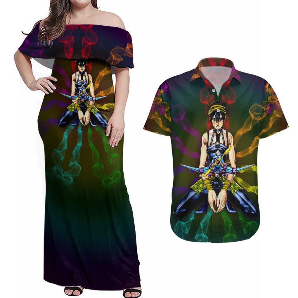 Trippy Narancia Lil Bomber Jojo’s Bizarre Adventure Couples Matching Off Shoulder Maxi Dress and Hawaiian Shirt Trippy Style