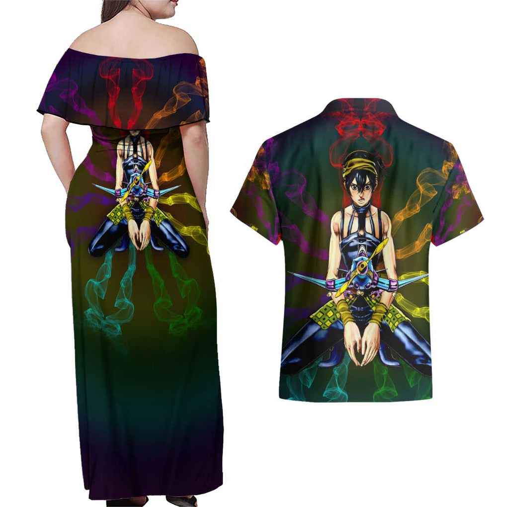 Trippy Narancia Lil Bomber Jojo’s Bizarre Adventure Couples Matching Off Shoulder Maxi Dress and Hawaiian Shirt Trippy Style