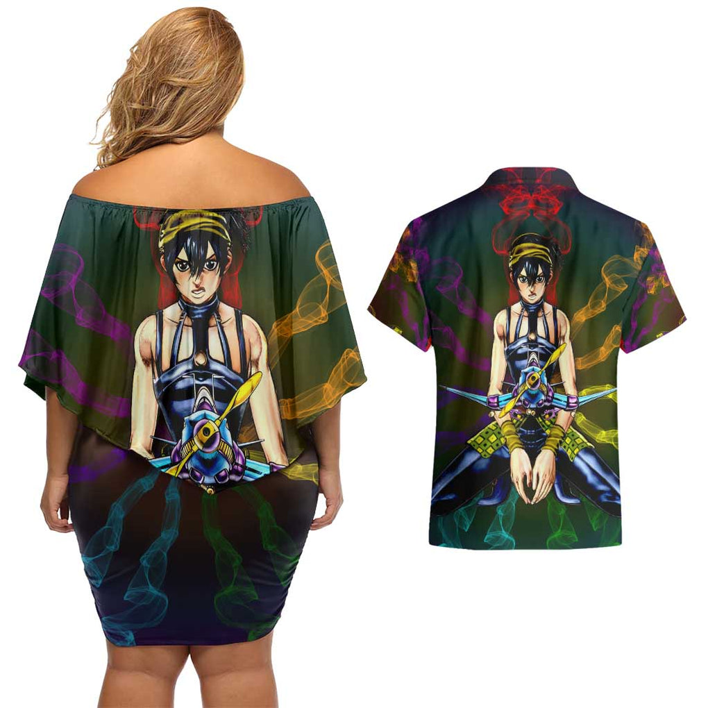 Trippy Narancia Lil Bomber Jojo’s Bizarre Adventure Couples Matching Off Shoulder Short Dress and Hawaiian Shirt Trippy Style