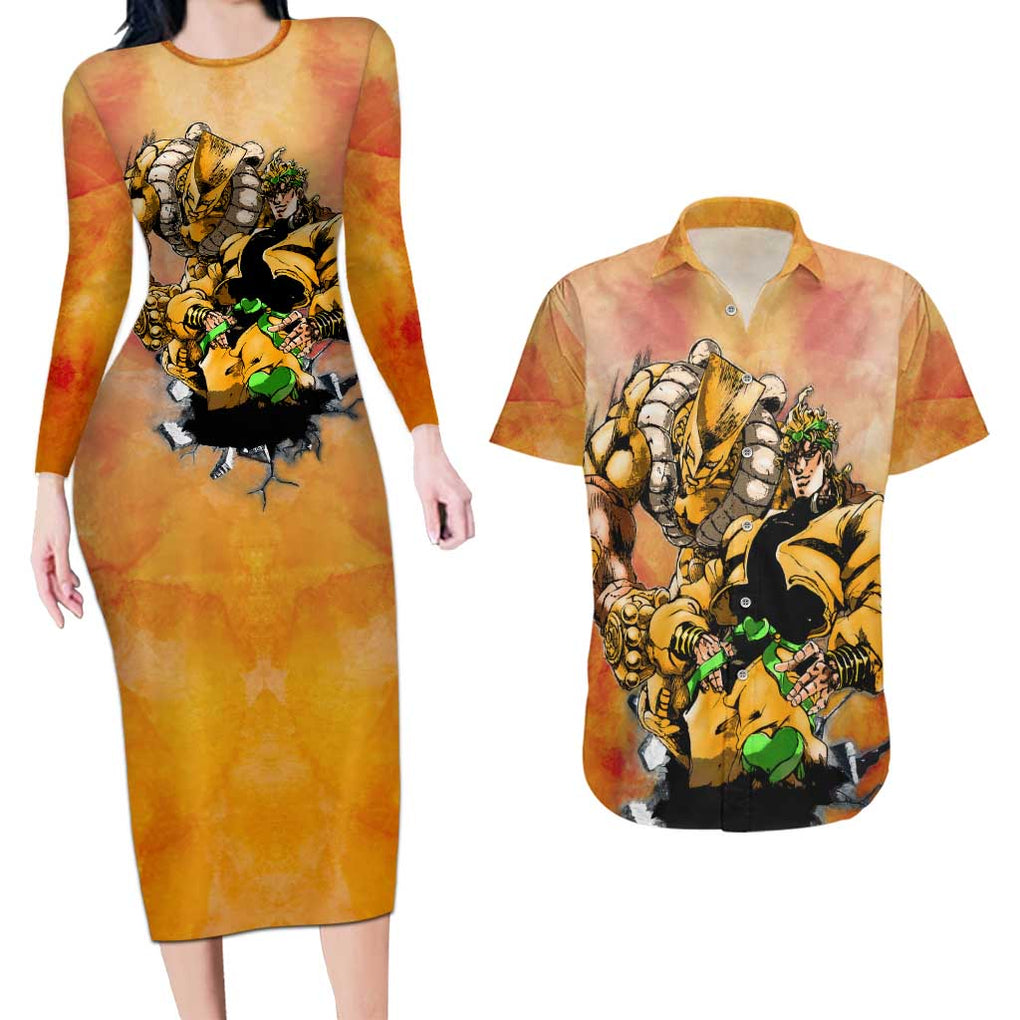 Trippy Dio V1 Jojo’s Bizarre Adventure Couples Matching Long Sleeve Bodycon Dress and Hawaiian Shirt Trippy Style
