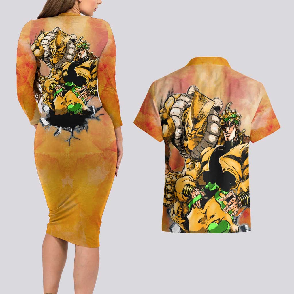 Trippy Dio V1 Jojo’s Bizarre Adventure Couples Matching Long Sleeve Bodycon Dress and Hawaiian Shirt Trippy Style
