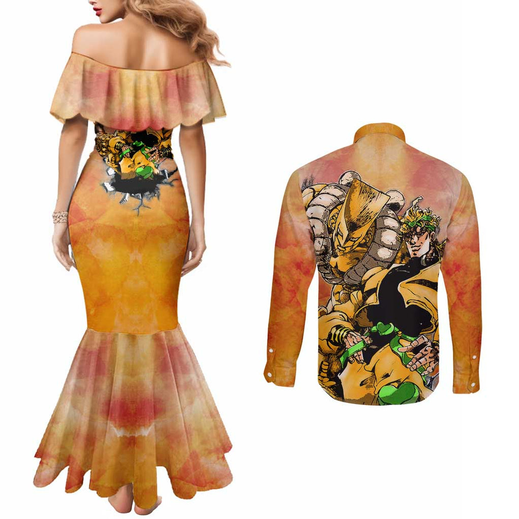 Trippy Dio V1 Jojo’s Bizarre Adventure Couples Matching Mermaid Dress and Long Sleeve Button Shirt Trippy Style
