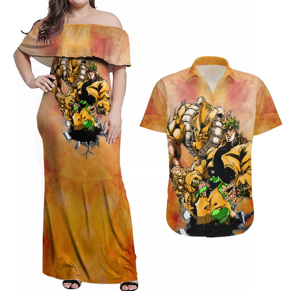 Trippy Dio V1 Jojo’s Bizarre Adventure Couples Matching Off Shoulder Maxi Dress and Hawaiian Shirt Trippy Style