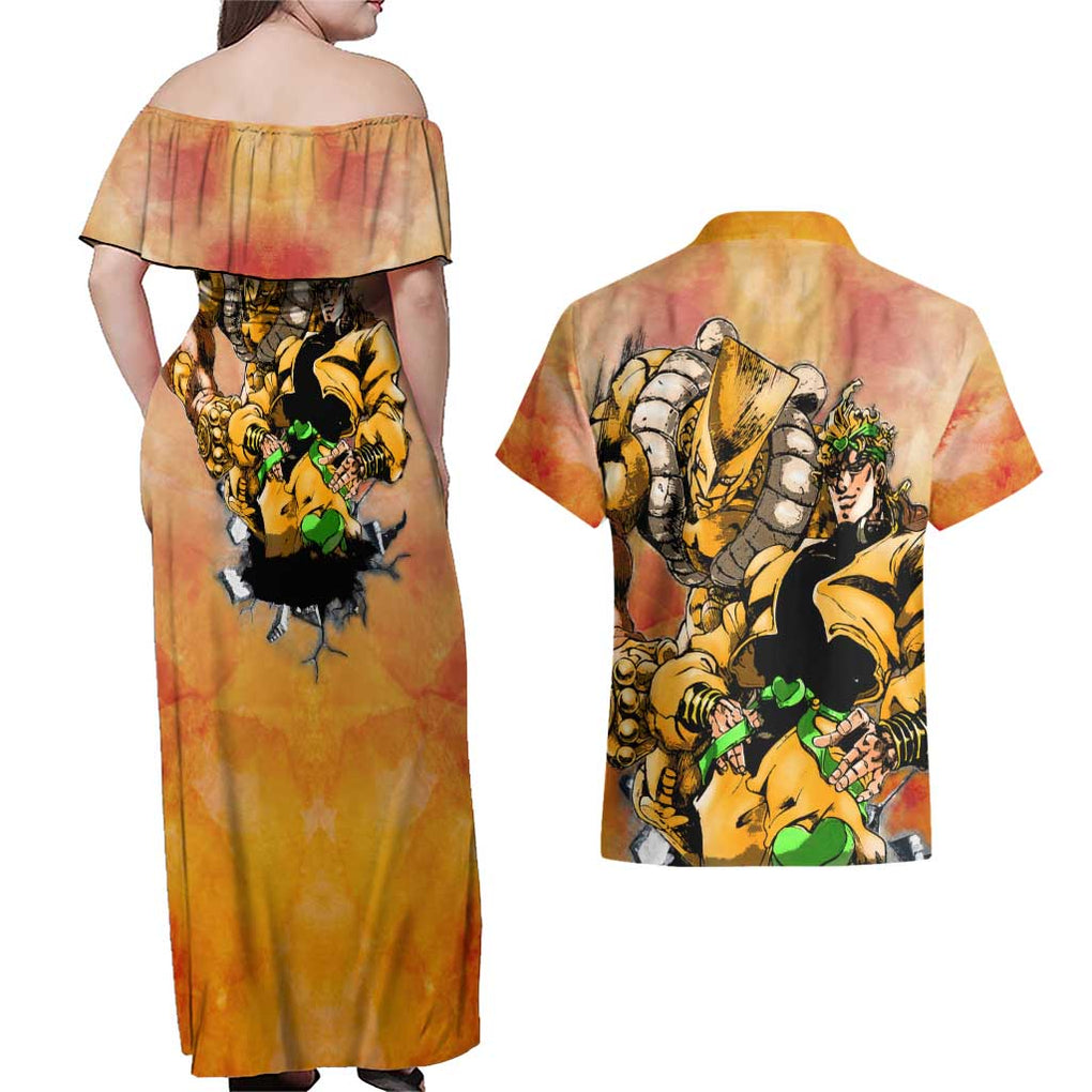 Trippy Dio V1 Jojo’s Bizarre Adventure Couples Matching Off Shoulder Maxi Dress and Hawaiian Shirt Trippy Style