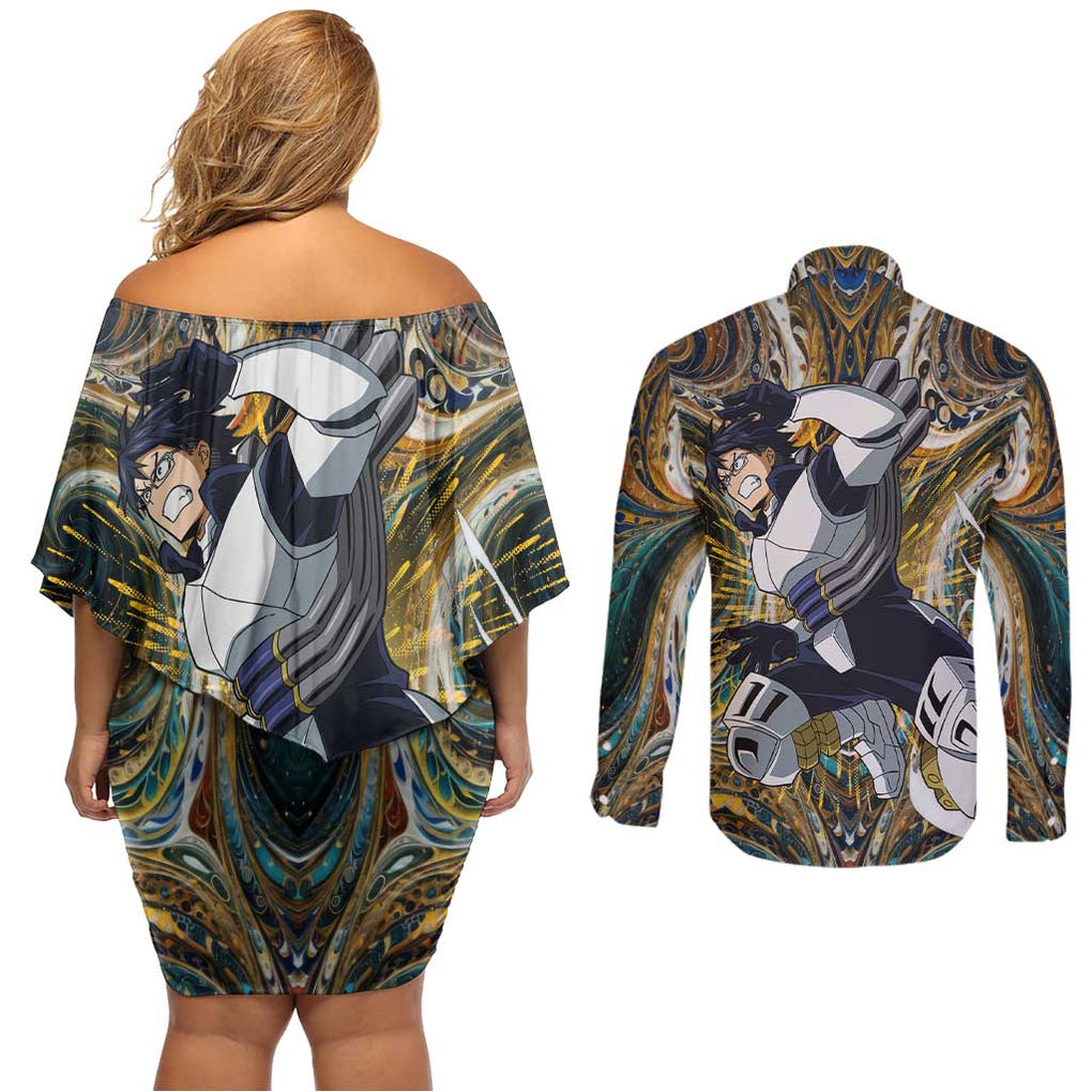Trippy Engine Ida Tenya My Hero Academia Couples Matching Off Shoulder Short Dress and Long Sleeve Button Shirt Trippy Style