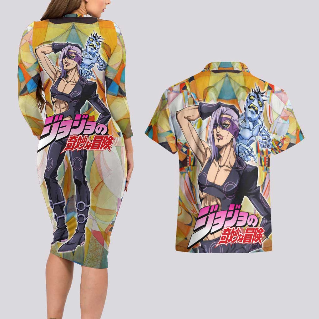 Trippy Melone Babyhead Jojo’s Bizarre Adventure Couples Matching Long Sleeve Bodycon Dress and Hawaiian Shirt Trippy Style