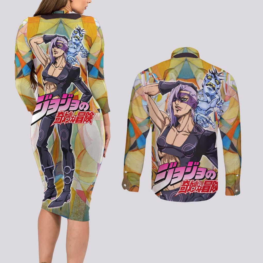 Trippy Melone Babyhead Jojo’s Bizarre Adventure Couples Matching Long Sleeve Bodycon Dress and Long Sleeve Button Shirt Trippy Style