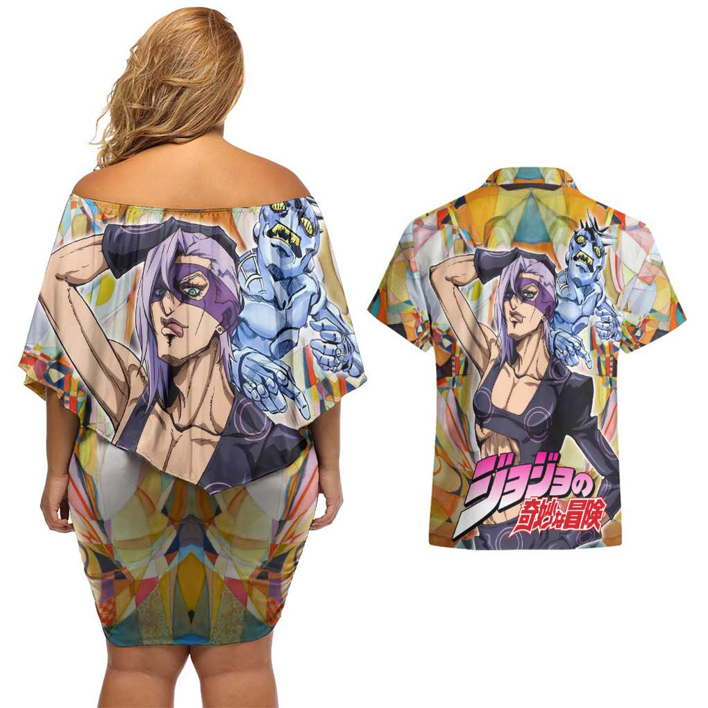 Trippy Melone Babyhead Jojo’s Bizarre Adventure Couples Matching Off Shoulder Short Dress and Hawaiian Shirt Trippy Style