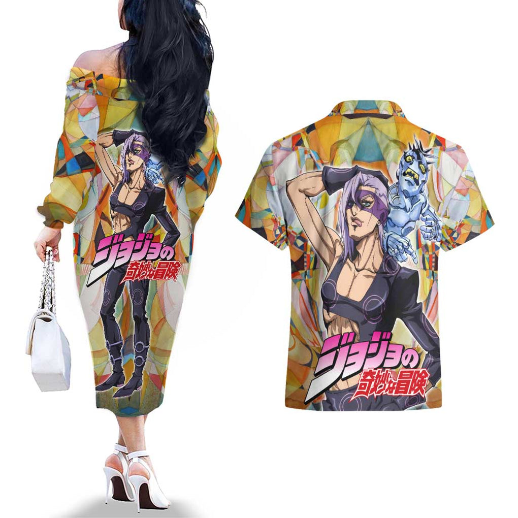 Trippy Melone Babyhead Jojo’s Bizarre Adventure Couples Matching Off The Shoulder Long Sleeve Dress and Hawaiian Shirt Trippy Style