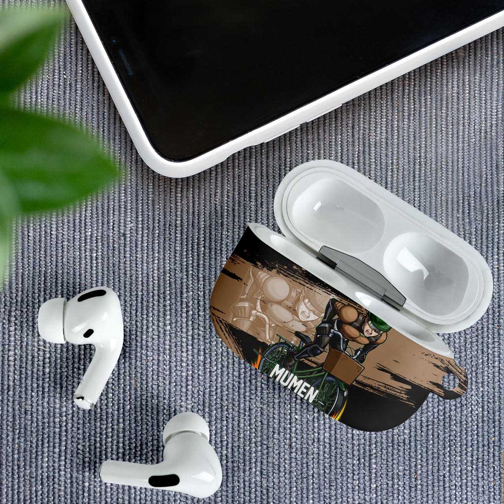 Mumen Rider One Punch Man Anime Brown and Black AirPods Case with Bicycle Hero Pose and Inspirational Determination Design - The Mazicc
