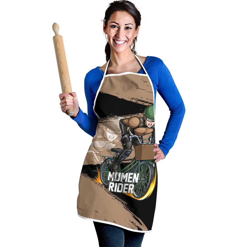 Mumen Rider One Punch Man Anime Brown and Black Apron with Bicycle Hero Pose and Inspirational Determination Design - The Mazicc