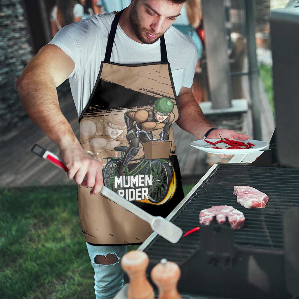 Mumen Rider One Punch Man Anime Brown and Black Apron with Bicycle Hero Pose and Inspirational Determination Design - The Mazicc