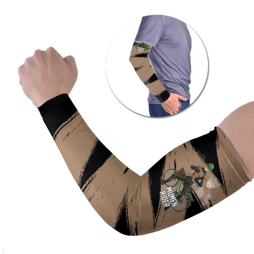 Mumen Rider One Punch Man Anime Brown and Black Arm Sleeves with Bicycle Hero Pose and Inspirational Determination Design - The Mazicc