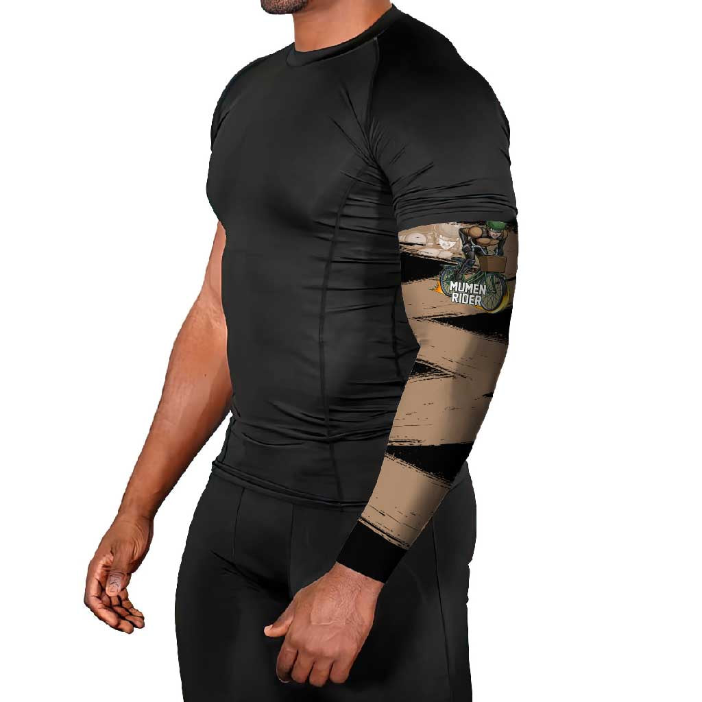 Mumen Rider One Punch Man Anime Brown and Black Arm Sleeves with Bicycle Hero Pose and Inspirational Determination Design - The Mazicc