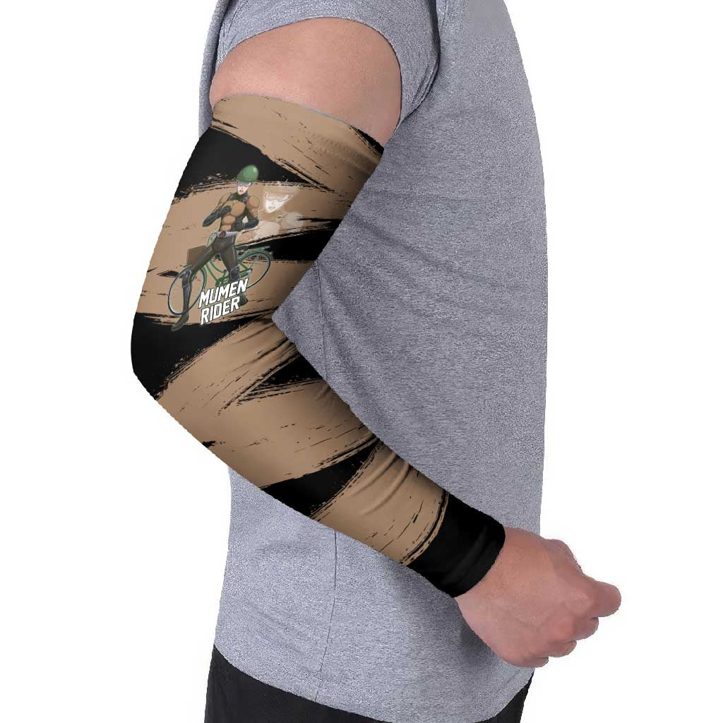 Mumen Rider One Punch Man Anime Brown and Black Arm Sleeves with Bicycle Hero Pose and Inspirational Determination Design - The Mazicc