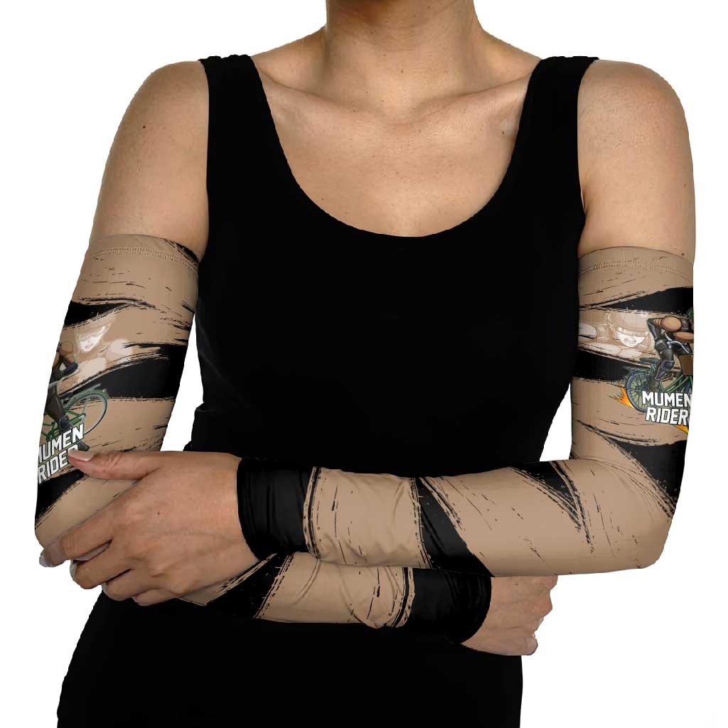 Mumen Rider One Punch Man Anime Brown and Black Arm Sleeves with Bicycle Hero Pose and Inspirational Determination Design - The Mazicc