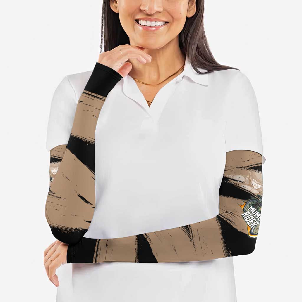 Mumen Rider One Punch Man Anime Brown and Black Arm Sleeves with Bicycle Hero Pose and Inspirational Determination Design - The Mazicc