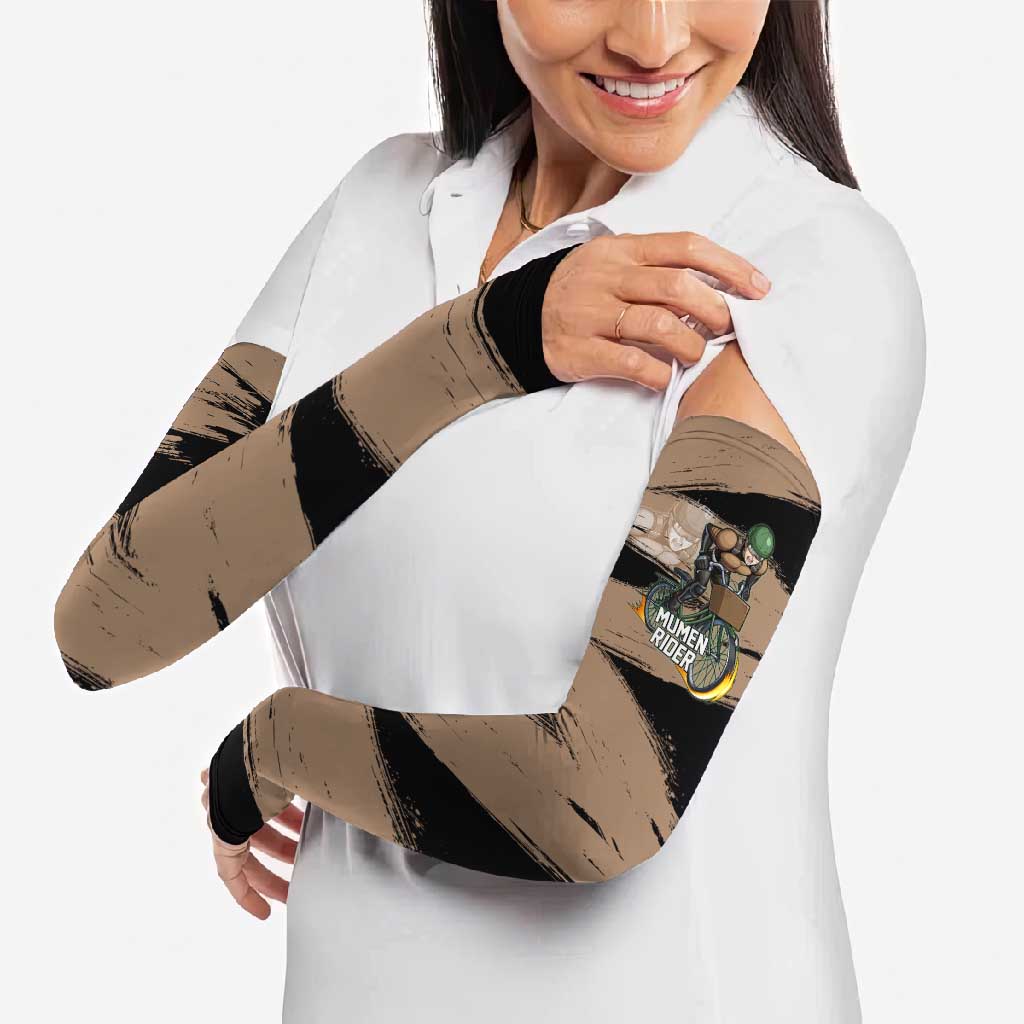 Mumen Rider One Punch Man Anime Brown and Black Arm Sleeves with Bicycle Hero Pose and Inspirational Determination Design - The Mazicc