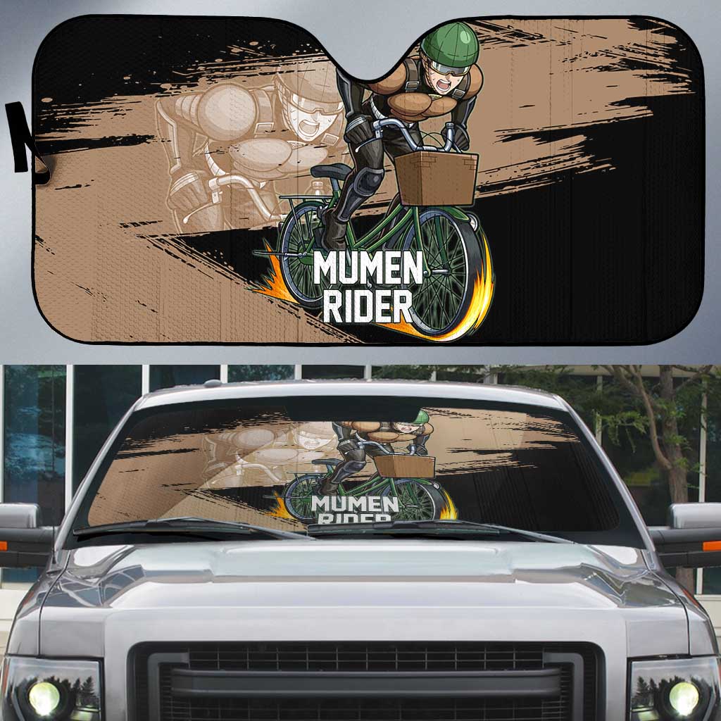 Mumen Rider One Punch Man Anime Brown and Black Auto Sun Shade with Bicycle Hero Pose and Inspirational Determination Design - The Mazicc