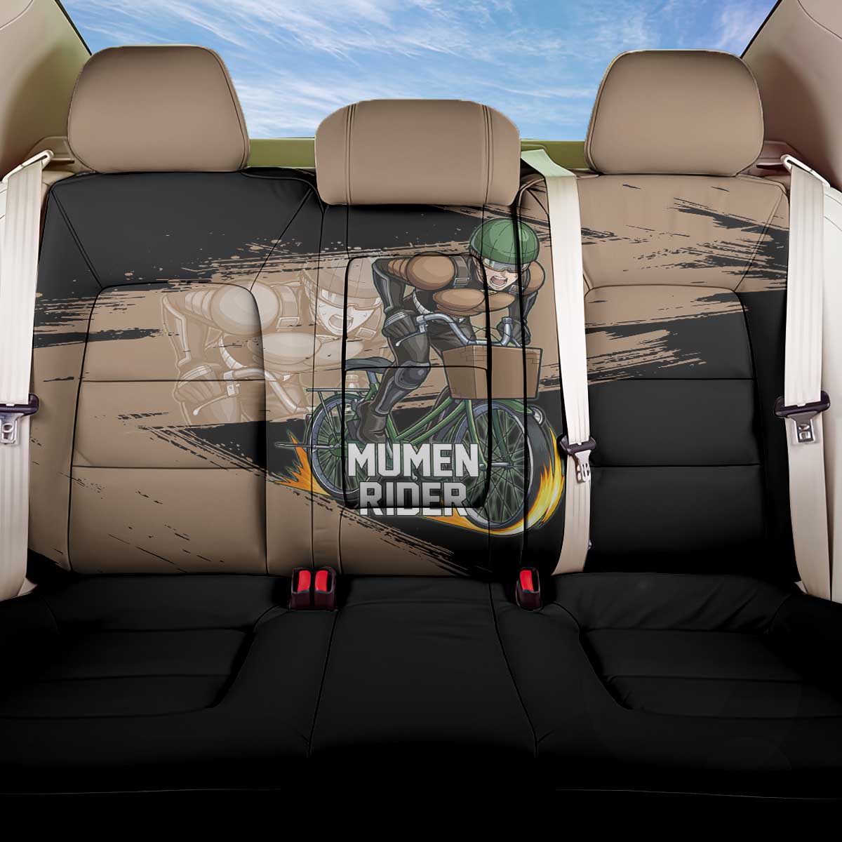 Mumen Rider One Punch Man Anime Brown and Black Back Car Seat Cover with Bicycle Hero Pose and Inspirational Determination Design - The Mazicc