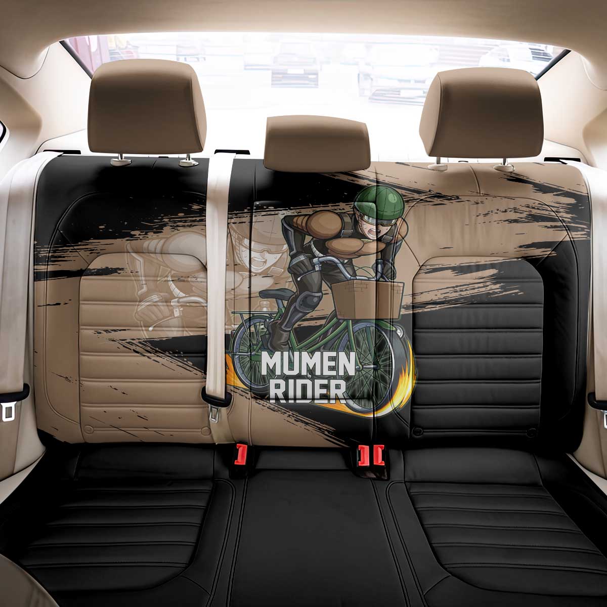 Mumen Rider One Punch Man Anime Brown and Black Back Car Seat Cover with Bicycle Hero Pose and Inspirational Determination Design - The Mazicc