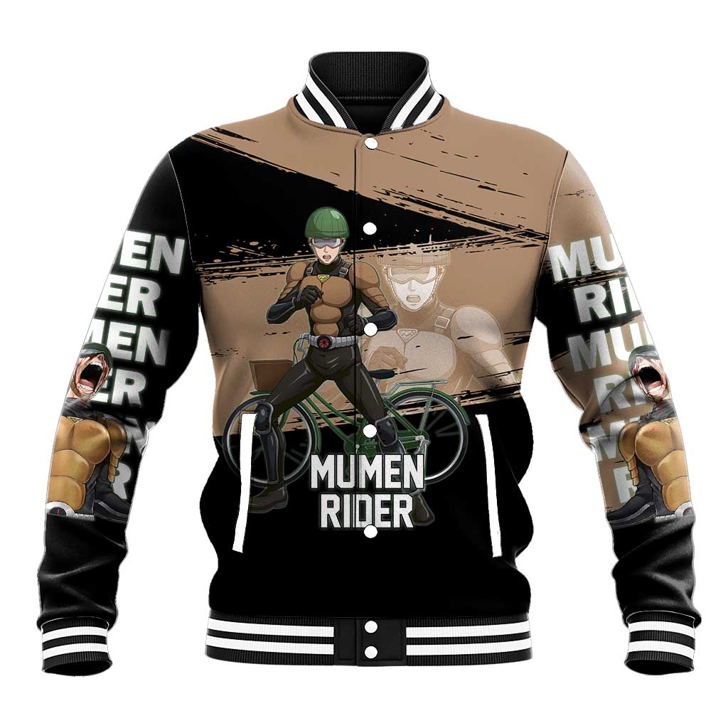 Mumen Rider One Punch Man Anime Brown and Black Baseball Jacket with Bicycle Hero Pose and Inspirational Determination Design - The Mazicc