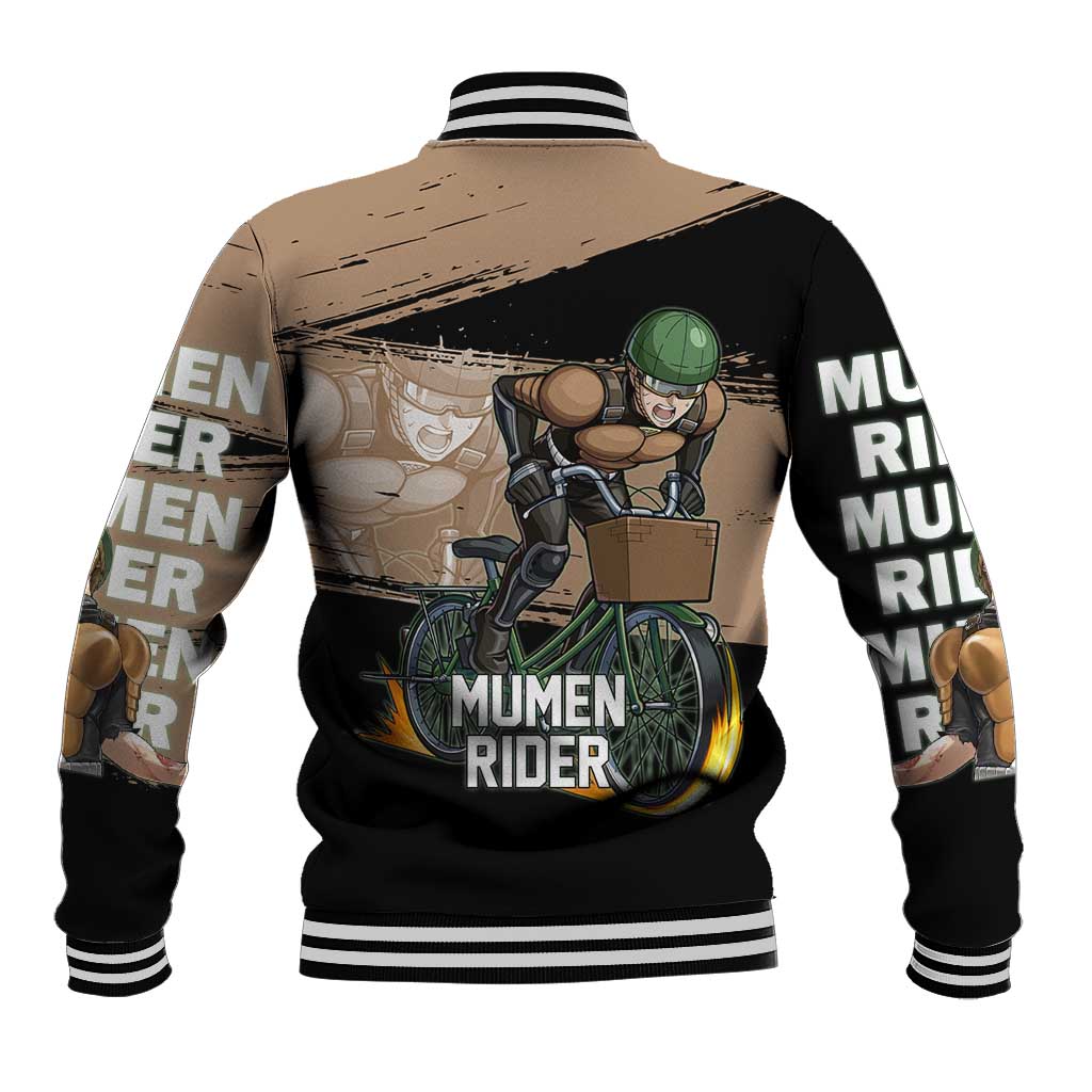 Mumen Rider One Punch Man Anime Brown and Black Baseball Jacket with Bicycle Hero Pose and Inspirational Determination Design - The Mazicc