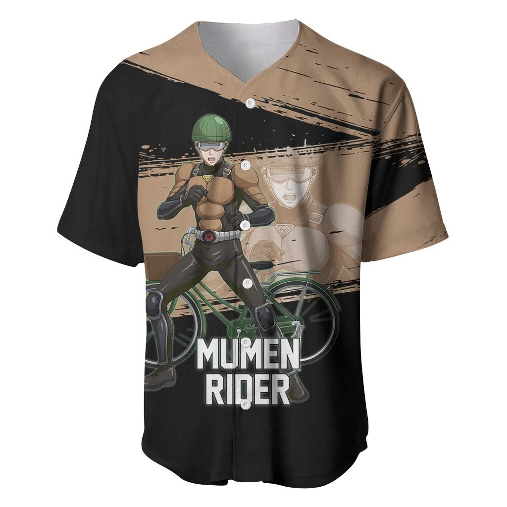 Mumen Rider One Punch Man Anime Brown and Black Baseball Jersey with Bicycle Hero Pose and Inspirational Determination Design - The Mazicc
