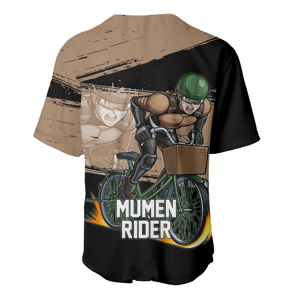 Mumen Rider One Punch Man Anime Brown and Black Baseball Jersey with Bicycle Hero Pose and Inspirational Determination Design - The Mazicc