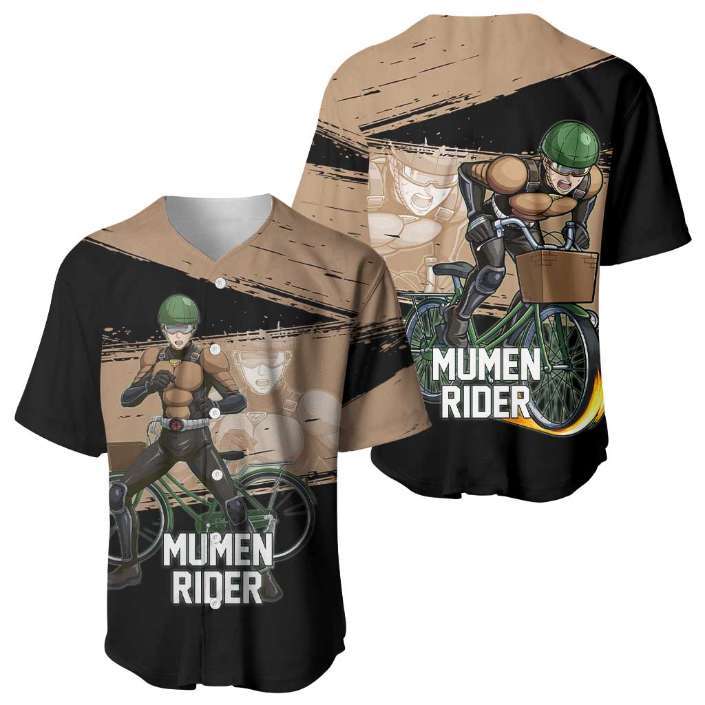 Mumen Rider One Punch Man Anime Brown and Black Baseball Jersey with Bicycle Hero Pose and Inspirational Determination Design - The Mazicc