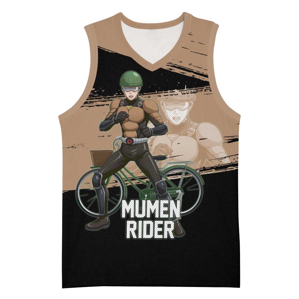 Mumen Rider One Punch Man Anime Brown and Black Basketball Jersey with Bicycle Hero Pose and Inspirational Determination Design - The Mazicc