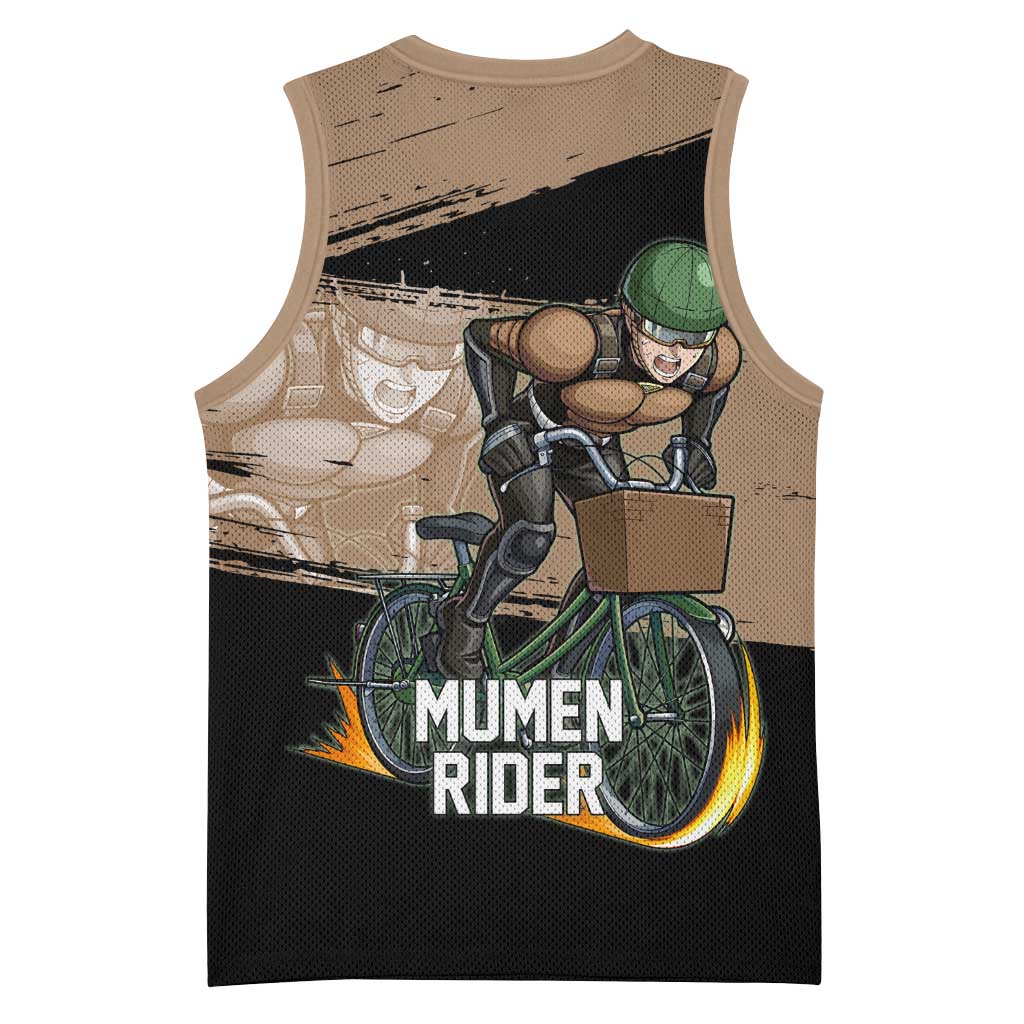 Mumen Rider One Punch Man Anime Brown and Black Basketball Jersey with Bicycle Hero Pose and Inspirational Determination Design - The Mazicc