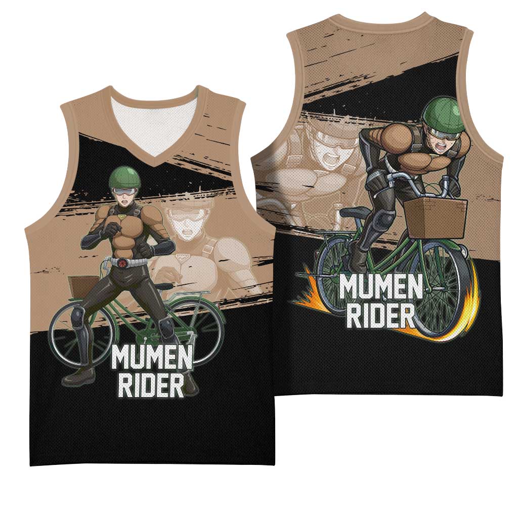 Mumen Rider One Punch Man Anime Brown and Black Basketball Jersey with Bicycle Hero Pose and Inspirational Determination Design - The Mazicc