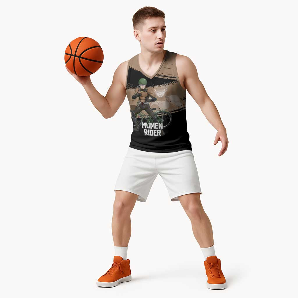 Mumen Rider One Punch Man Anime Brown and Black Basketball Jersey with Bicycle Hero Pose and Inspirational Determination Design - The Mazicc
