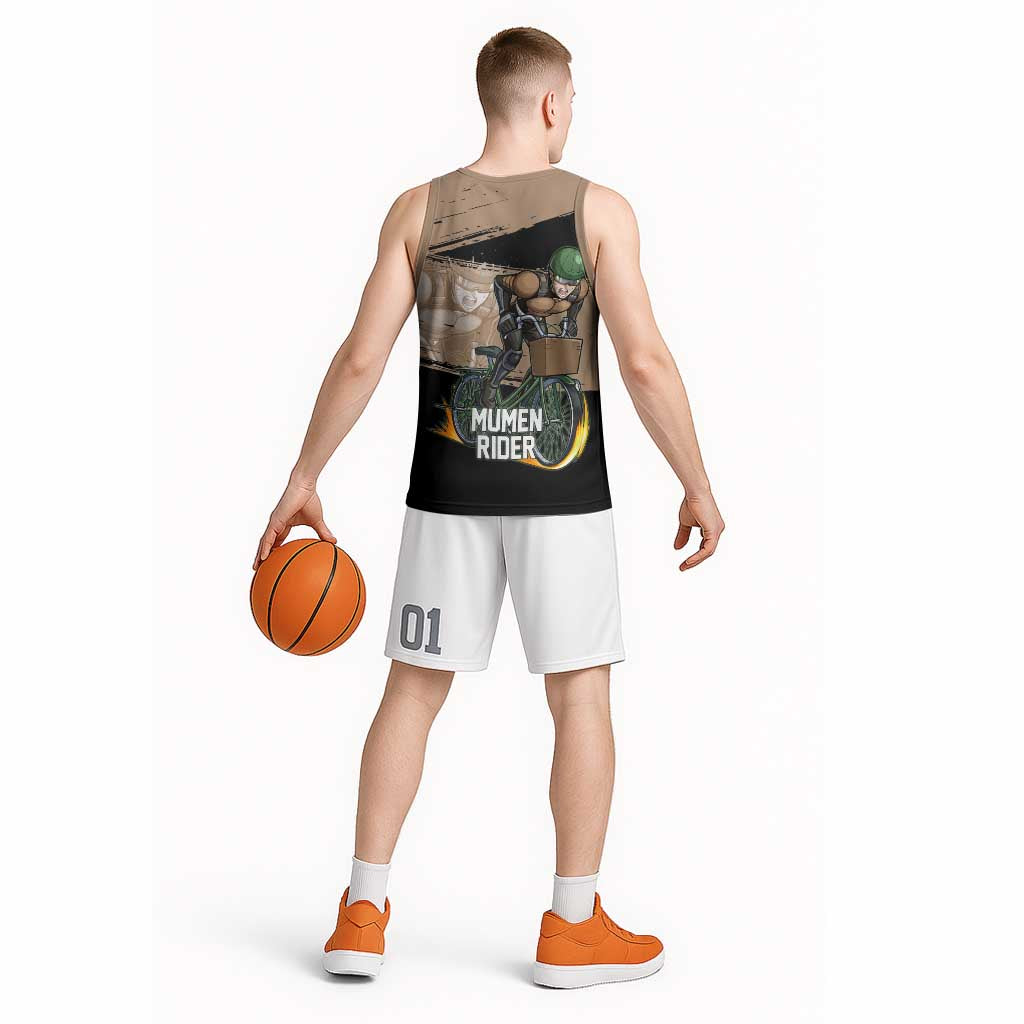 Mumen Rider One Punch Man Anime Brown and Black Basketball Jersey with Bicycle Hero Pose and Inspirational Determination Design - The Mazicc