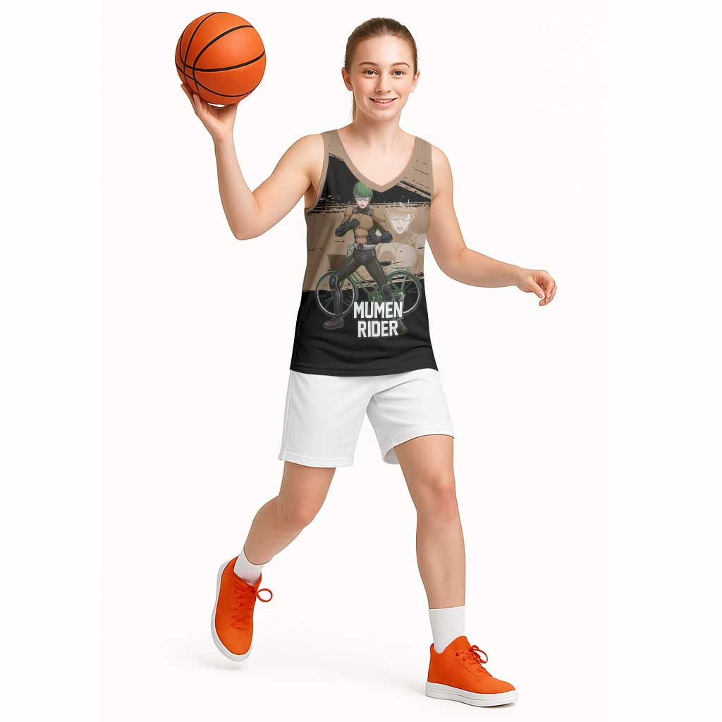 Mumen Rider One Punch Man Anime Brown and Black Basketball Jersey with Bicycle Hero Pose and Inspirational Determination Design - The Mazicc