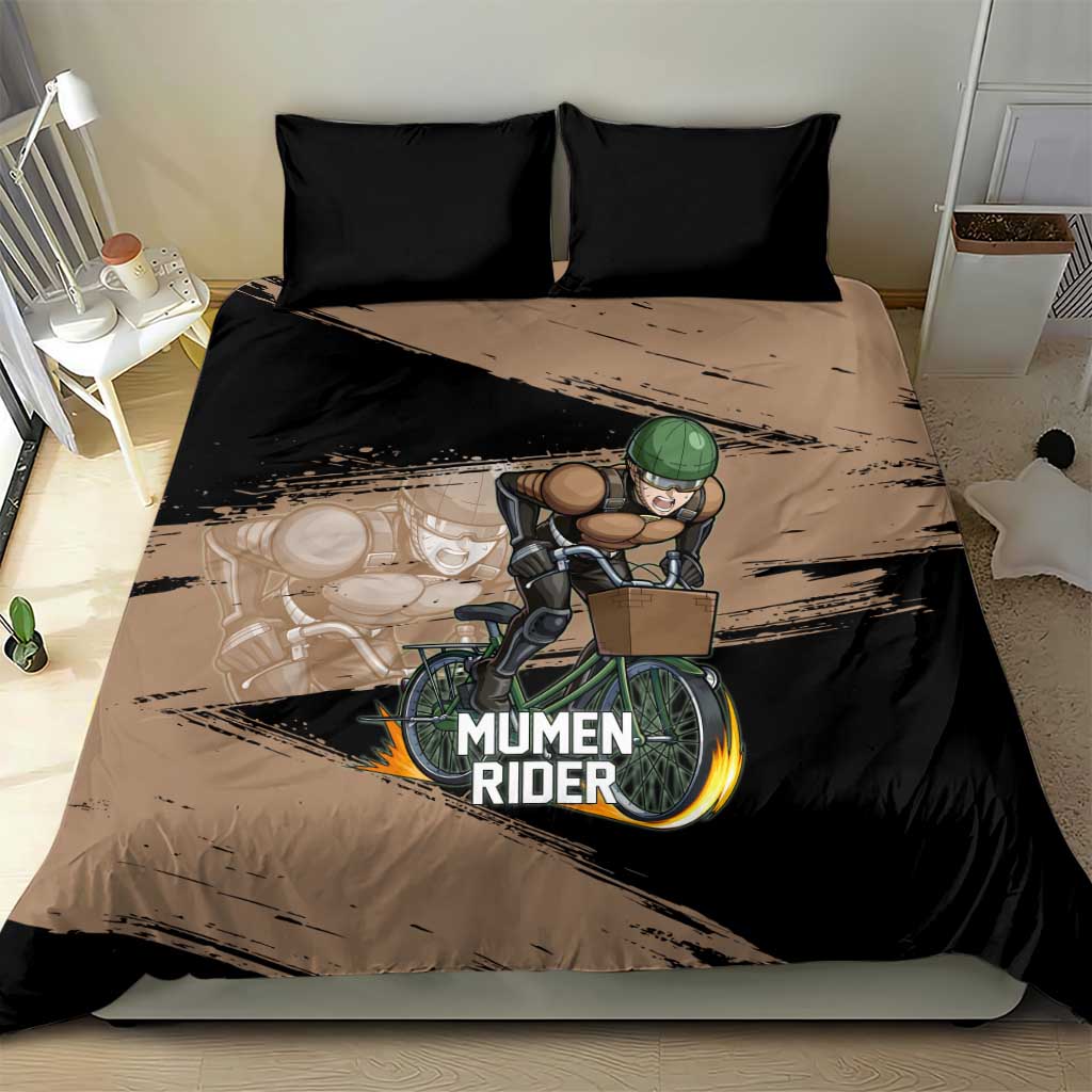 Mumen Rider One Punch Man Anime Brown and Black Bedding Set with Bicycle Hero Pose and Inspirational Determination Design - The Mazicc