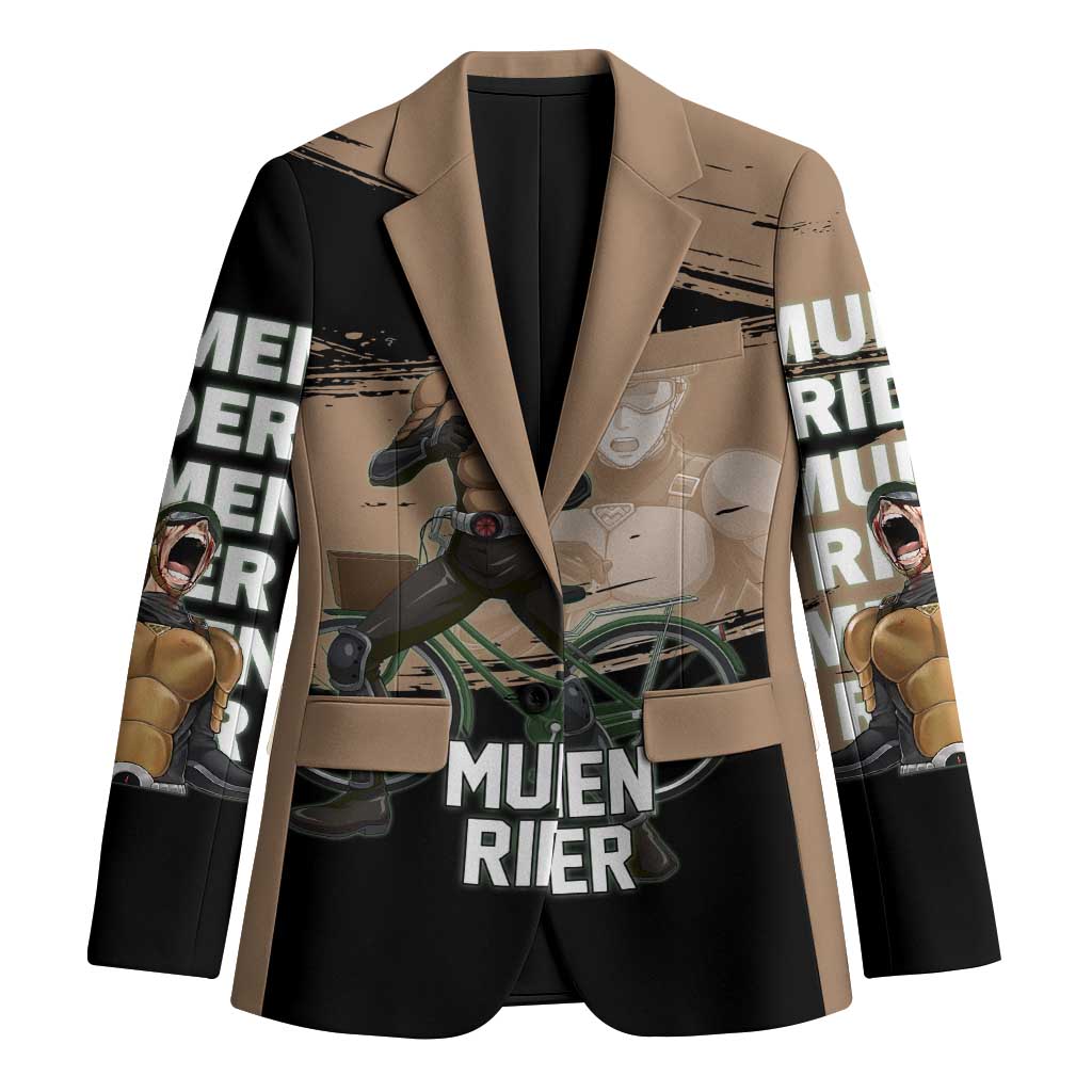 Mumen Rider One Punch Man Anime Brown and Black Blazer with Bicycle Hero Pose and Inspirational Determination Design - The Mazicc