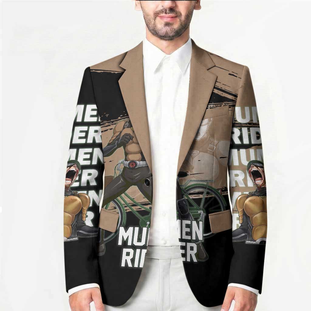 Mumen Rider One Punch Man Anime Brown and Black Blazer with Bicycle Hero Pose and Inspirational Determination Design - The Mazicc