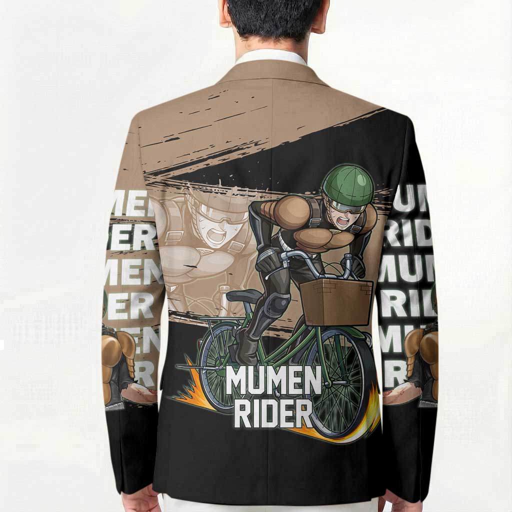 Mumen Rider One Punch Man Anime Brown and Black Blazer with Bicycle Hero Pose and Inspirational Determination Design - The Mazicc