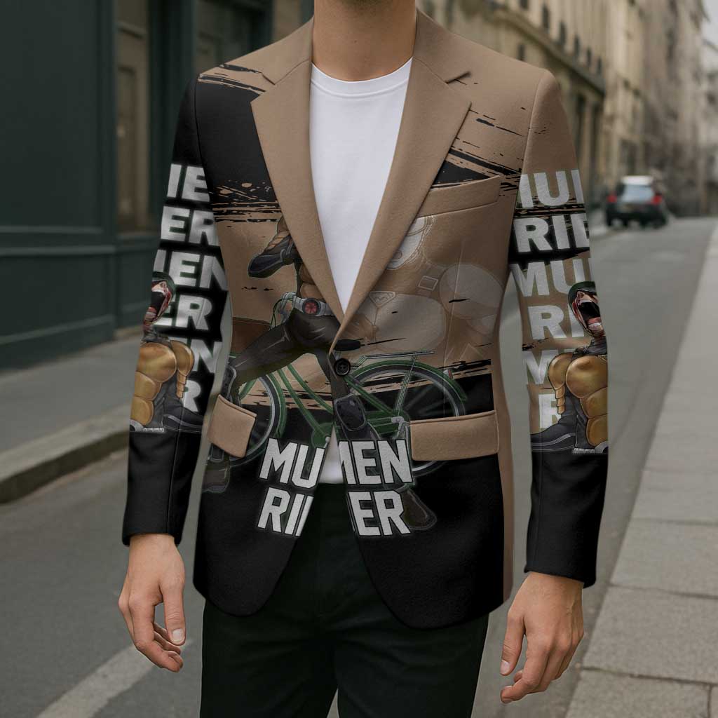 Mumen Rider One Punch Man Anime Brown and Black Blazer with Bicycle Hero Pose and Inspirational Determination Design - The Mazicc