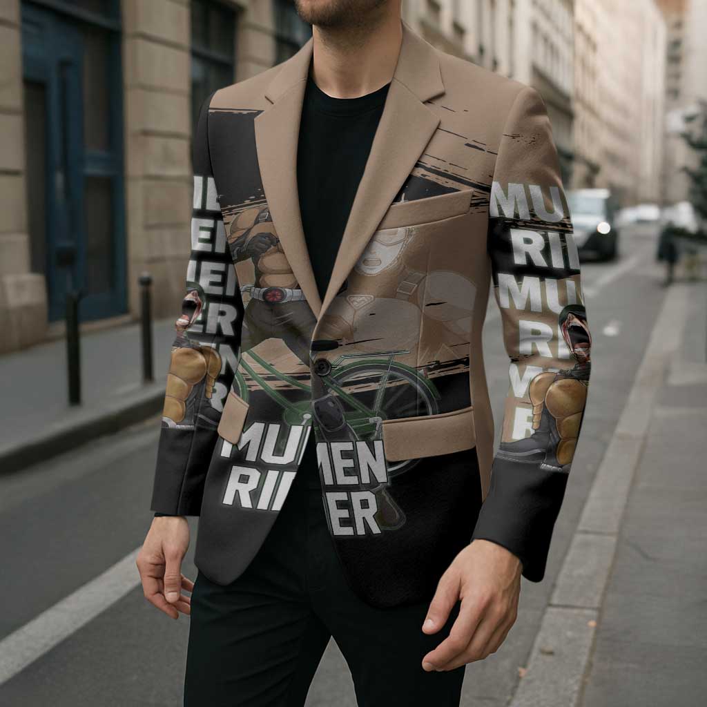 Mumen Rider One Punch Man Anime Brown and Black Blazer with Bicycle Hero Pose and Inspirational Determination Design - The Mazicc