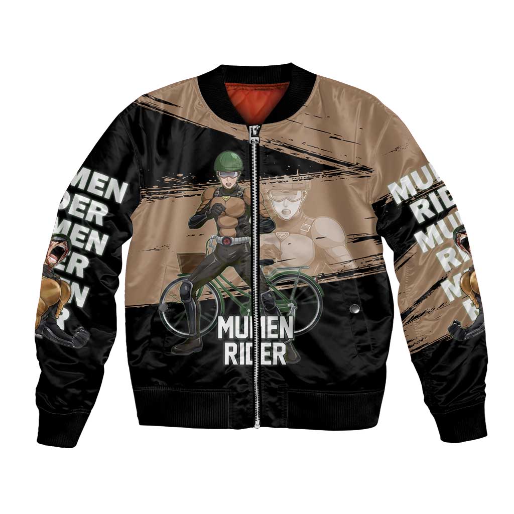 Mumen Rider One Punch Man Anime Brown and Black Bomber Jacket with Bicycle Hero Pose and Inspirational Determination Design - The Mazicc