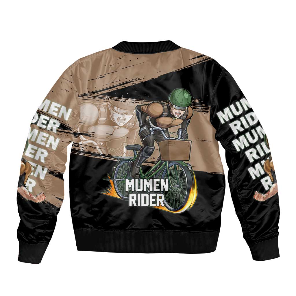 Mumen Rider One Punch Man Anime Brown and Black Bomber Jacket with Bicycle Hero Pose and Inspirational Determination Design - The Mazicc