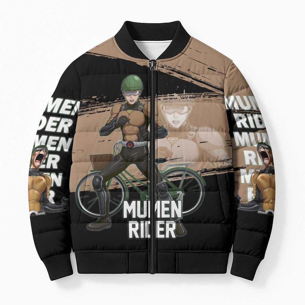 Mumen Rider One Punch Man Anime Brown and Black Bomber Puffer Jacket with Bicycle Hero Pose and Inspirational Determination Design - The Mazicc