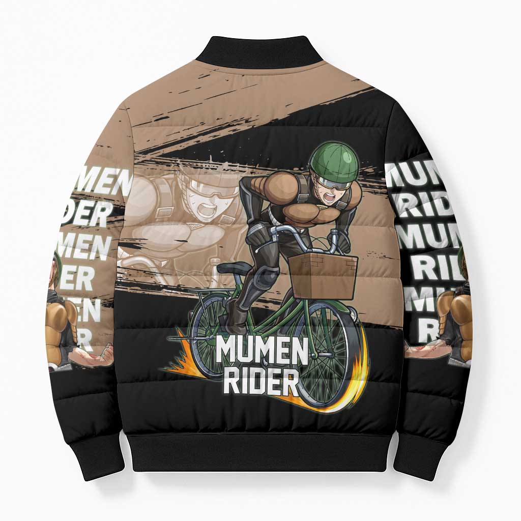 Mumen Rider One Punch Man Anime Brown and Black Bomber Puffer Jacket with Bicycle Hero Pose and Inspirational Determination Design - The Mazicc
