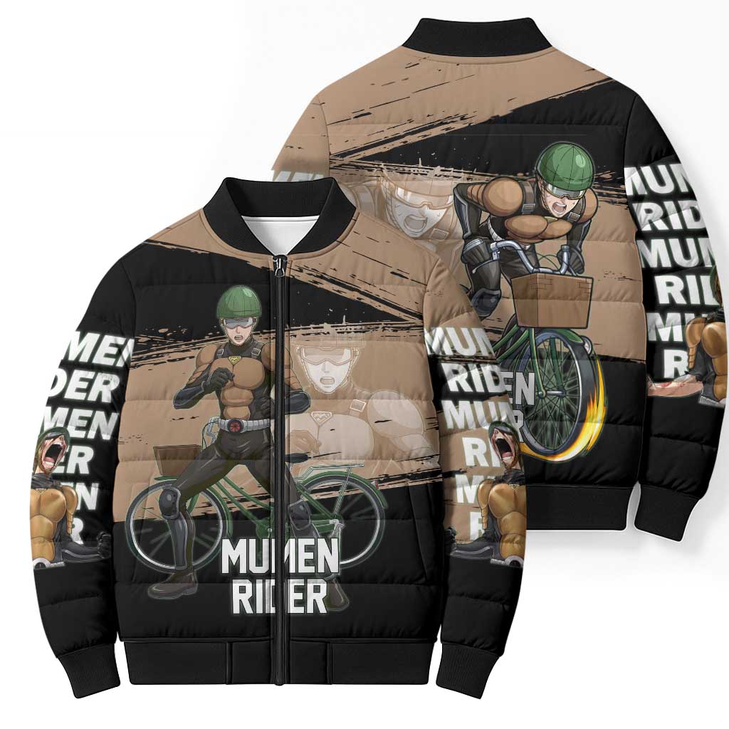 Mumen Rider One Punch Man Anime Brown and Black Bomber Puffer Jacket with Bicycle Hero Pose and Inspirational Determination Design - The Mazicc