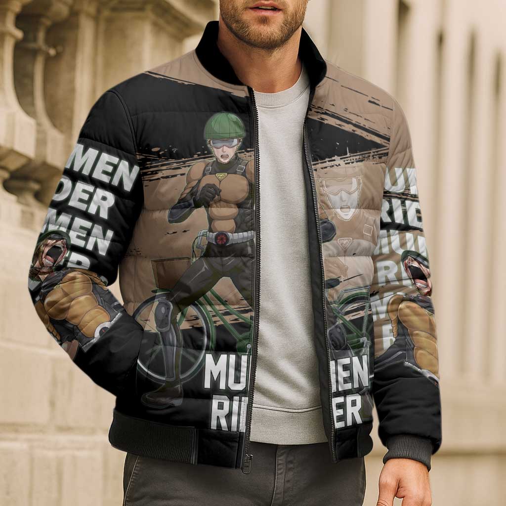 Mumen Rider One Punch Man Anime Brown and Black Bomber Puffer Jacket with Bicycle Hero Pose and Inspirational Determination Design - The Mazicc