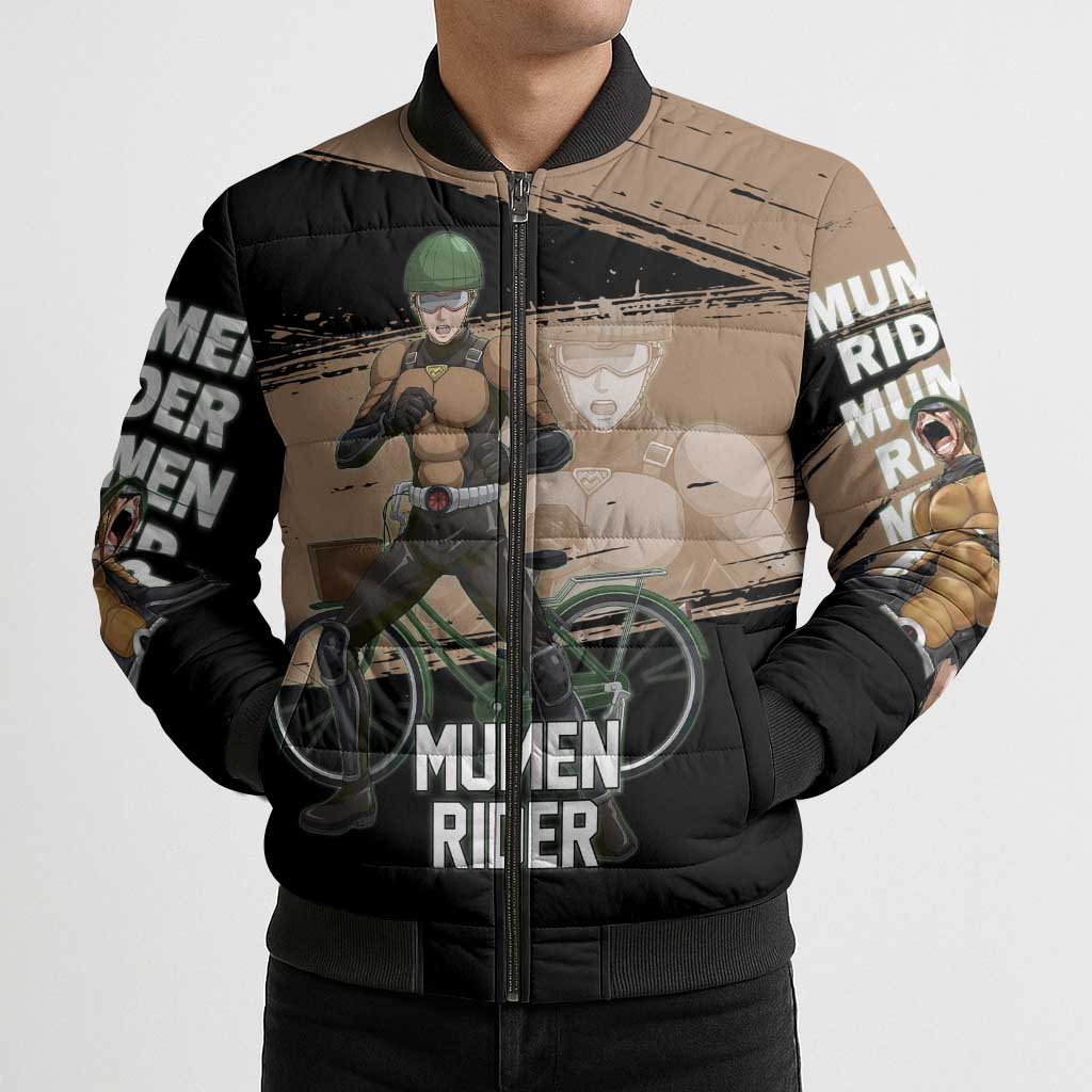 Mumen Rider One Punch Man Anime Brown and Black Bomber Puffer Jacket with Bicycle Hero Pose and Inspirational Determination Design - The Mazicc